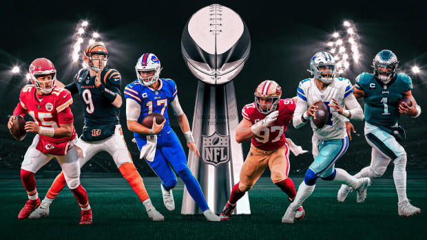 A graphic with photos of Patrick Mahomes, Joe Burrow, Josh Allen, Nick Bosa, Dak Prescott and Jalen Hurts in front of a large Lombardi Trophy.